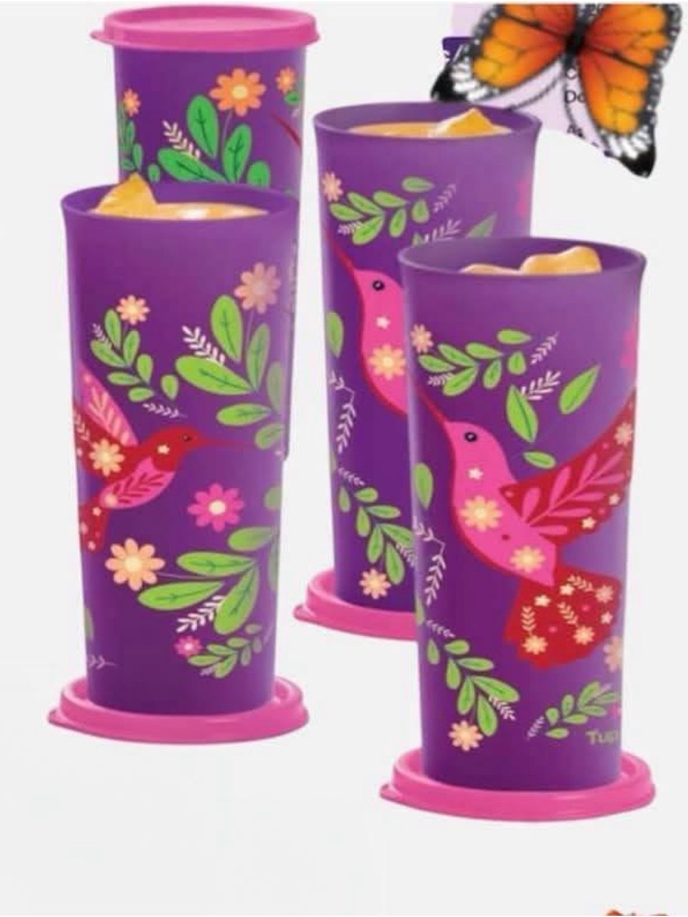 Tupperware Purple & Pink Hummingbird Floral Tumbler Set